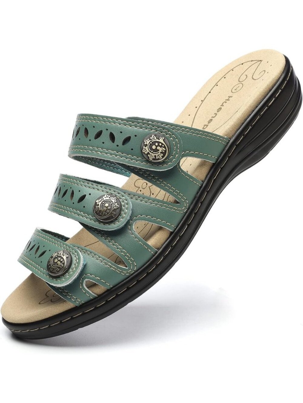 Women's Comfort Leather Slides Flat Green Slip On Casual Walking Slippers